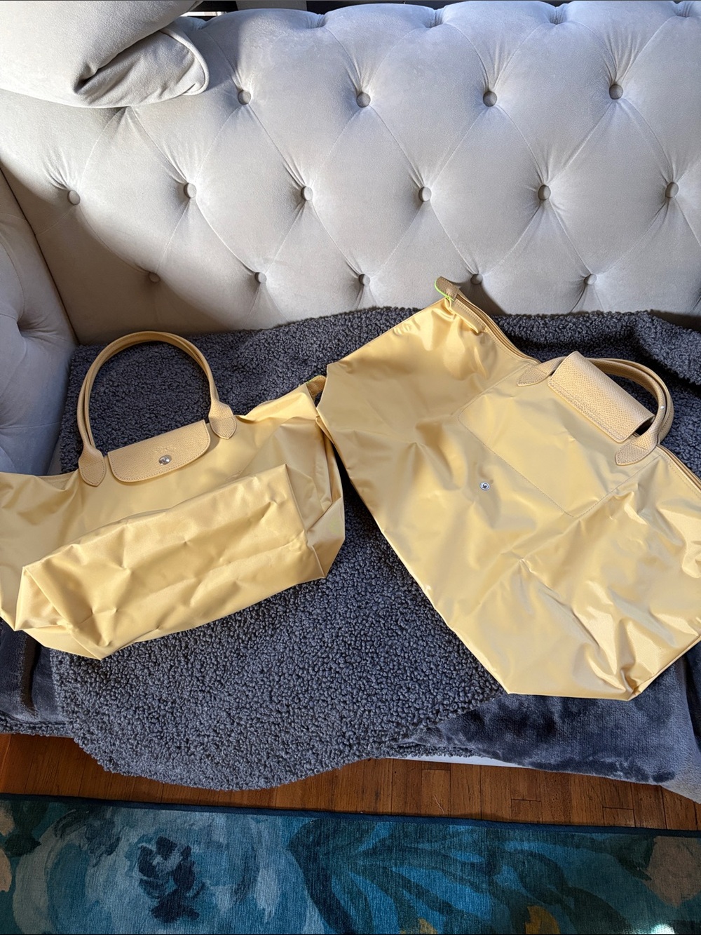 Longchamp Yellow (wheat) Le Pliage travel duffle bag and large tote